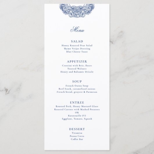 Barock Wappen Französisch Blauer Hochzeitstag Menükarte (Vorderseite)