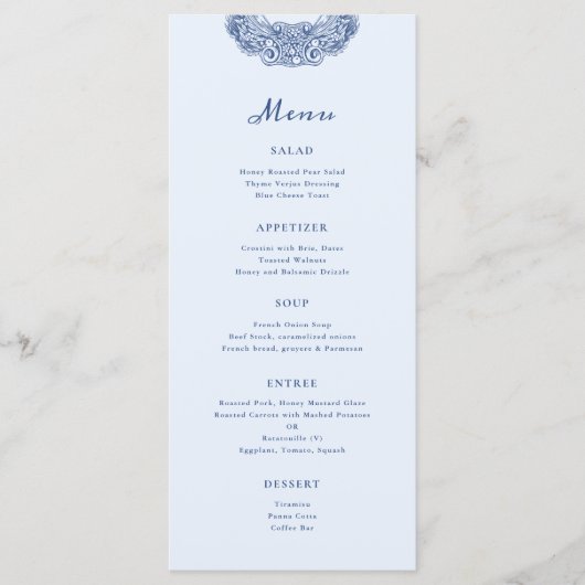 Barock Wappen French Blue Wedding Menükarte (Vorderseite)