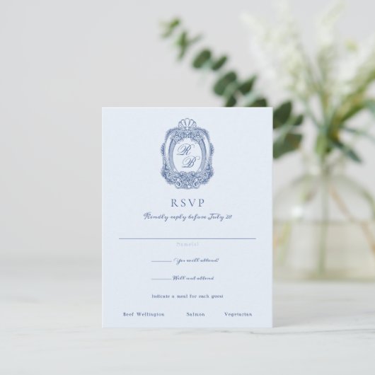 Barock Wappen French Blue Wedding RSVP Karte (Stehend Vorderseite)