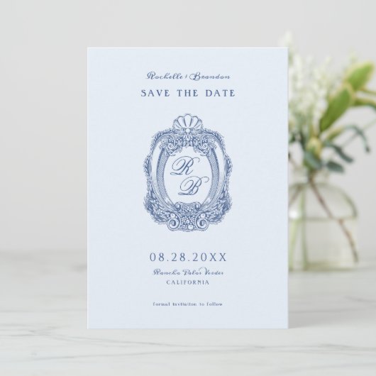 Barock Wappen French Blue Wedding Save The Date (Stehend Vorderseite)