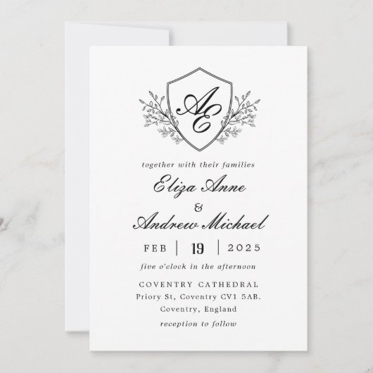 Barock Wappen Monogram Black and White Wedding Einladung (Vorderseite)