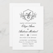 Barock Wappen Monogram Black and White Wedding Einladung (Vorne/Hinten)