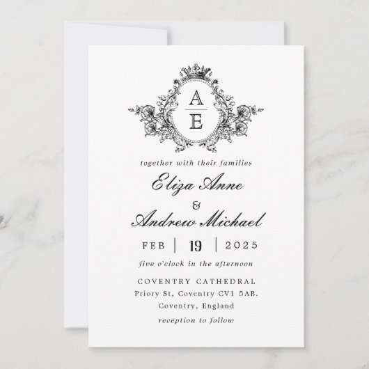 Barock Wappen Monogram Black and White Wedding Einladung (Vorderseite)