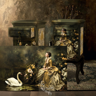 Barocke Dame Schwan Gold Blumenlandschaft Szene Seidenpapier