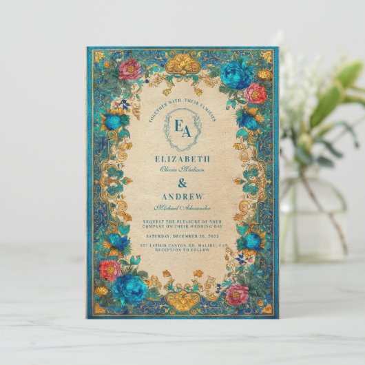 Barocke, florale und Aquamarine Musterhochzeit Einladung (Stehend Vorderseite)