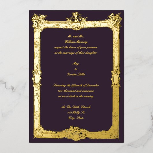 Barocke Rokoko Fruit & Blumenrahmen Hochzeit Folieneinladung (Vorderseite)