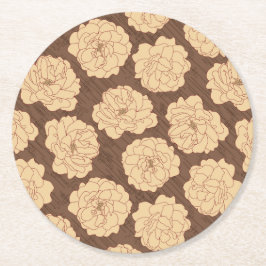 Barocke Rose auf walnussbraun - nahtloses Muster. Runder Pappuntersetzer