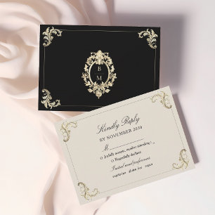 Barocke schwarze Hochzeit mit Gold RSVP Karte