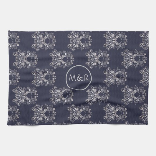 barocke Stil Blumenmuster der Marine. Monogrammm. Geschirrtuch (Horizontal)