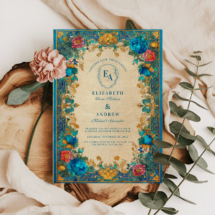 Barockes Blumen- und Türkismuster-Hochzeit Einladung