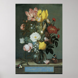 Barockes Blumenbouquet in Glasvase Poster
