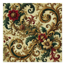 Barockes Blumenmuster mit Gold, Rot, Grün A