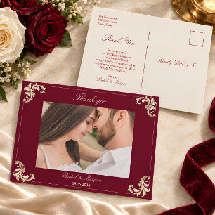 Barockes Burgund Gold Hochzeit Danke Postkarte