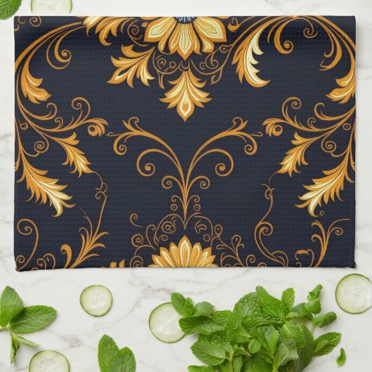 "Barockes Ornament-Muster in Gold und Schwarz" Dec Geschirrtuch (Gefaltet)
