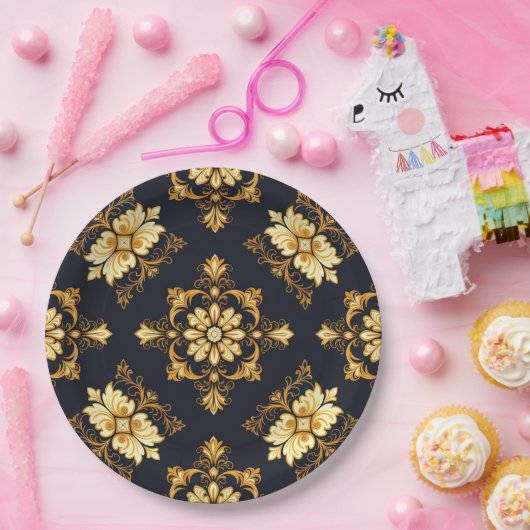 "Barockes Ornament-Muster in Gold und Schwarz" Dec Pappteller (Party)