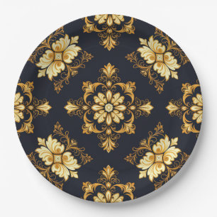 "Barockes Ornament-Muster in Gold und Schwarz" Dec Pappteller
