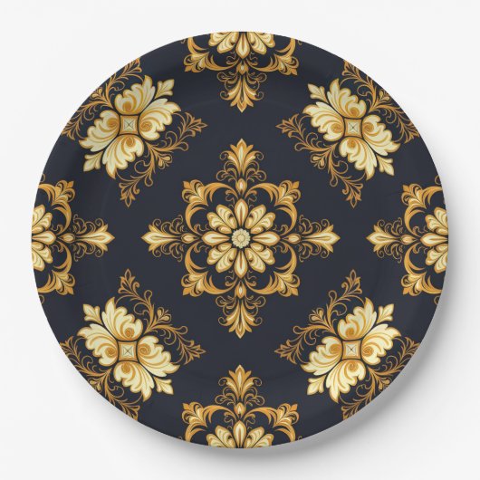 "Barockes Ornament-Muster in Gold und Schwarz" Dec Pappteller (Vorderseite)