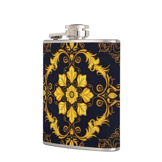 "Barockes Ornament-Muster in Gold und Schwarz" Flachmann (Links)