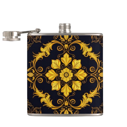 "Barockes Ornament-Muster in Gold und Schwarz" Flachmann (Geöffnet)