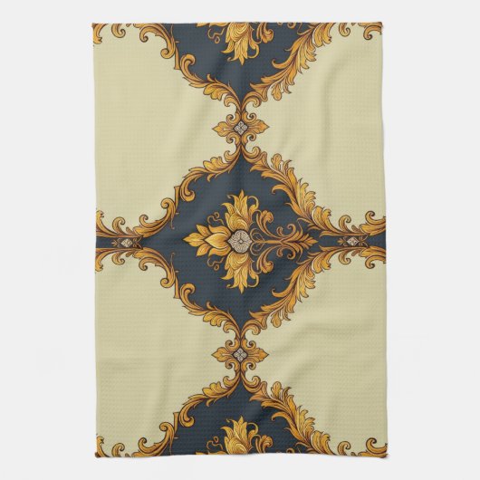 "Barockes Ornament-Muster in Gold und Schwarz" Geschirrtuch (Vertikal)