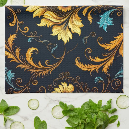 "Barockes Ornament-Muster in Gold und Schwarz" Geschirrtuch (Gefaltet)