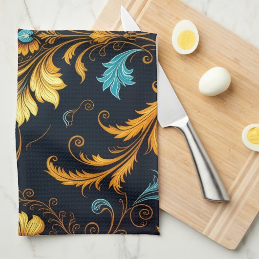 "Barockes Ornament-Muster in Gold und Schwarz" Geschirrtuch (Viertel Falte)