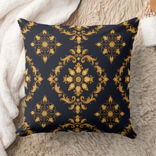 "Barockes Ornament-Muster in Gold und Schwarz" Kissen (Decke)