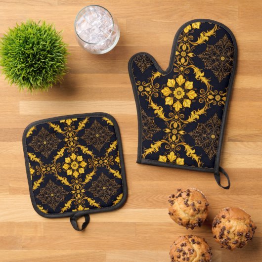 "Barockes Ornament-Muster in Gold und Schwarz" Ofenhandschuh & Topflappen-Set (Oben Unten)