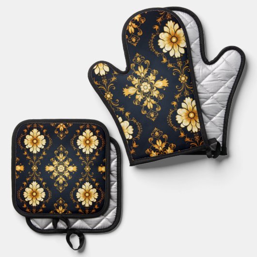 "Barockes Ornament-Muster in Gold und Schwarz" Ofenhandschuh & Topflappen-Set (Vorderseite/Rückseite)