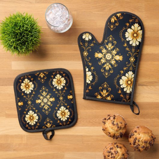 "Barockes Ornament-Muster in Gold und Schwarz" Ofenhandschuh & Topflappen-Set (Oben Unten)