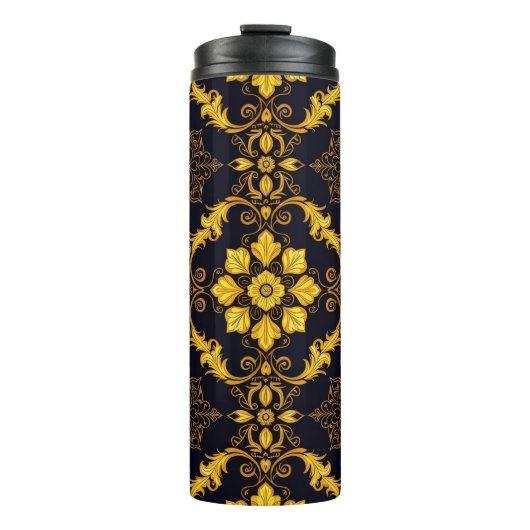 "Barockes Ornament-Muster in Gold und Schwarz" Thermosbecher (Vorderseite)