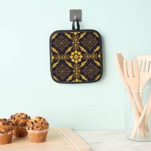 "Barockes Ornament-Muster in Gold und Schwarz" Topflappen