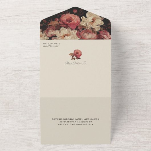 Barockfarbene Blumenhochzeit All In One Einladung (Außenbereich)