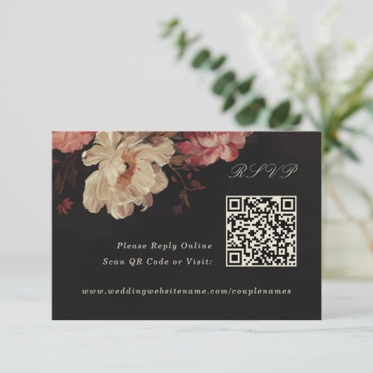 Barockfarbene Blumenmuster Online QR-Code RSVP Karte (Stehend Vorderseite)