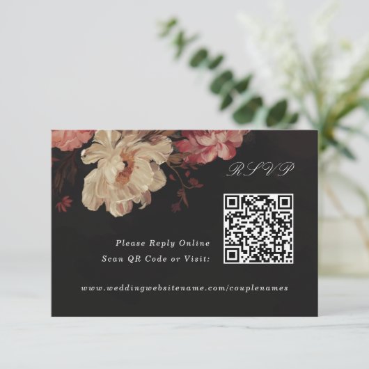 Barockfarbene Blumenmuster Online QR-Code RSVP Karte (Stehend Vorderseite)