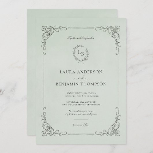 Barockrahmen Elegante Minze Hochzeit Einladung (Vorne/Hinten)