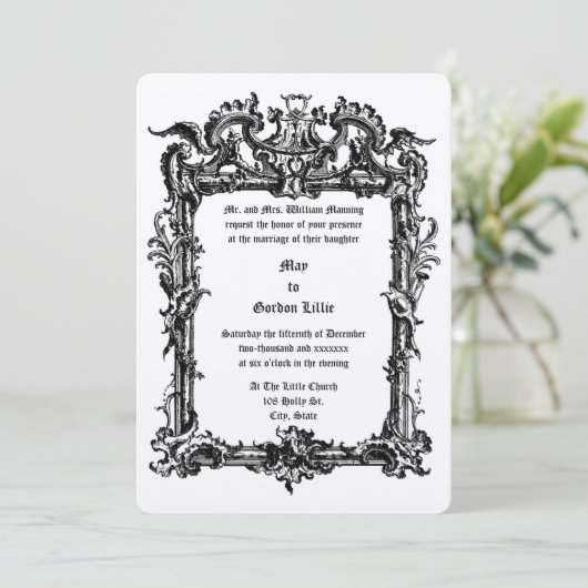 Barockrahmen mit Rocaille Volutes Hochzeit mit Rok Einladung (Stehend Vorderseite)