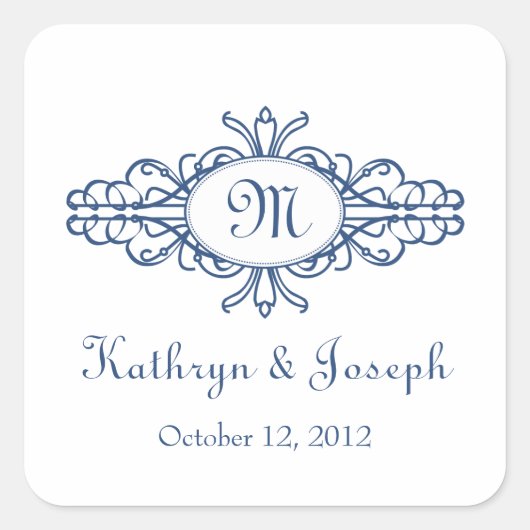 Barockrahmen Mongram, blaue Gastgeschenk Hochzeit Quadratischer Aufkleber (Vorderseite)