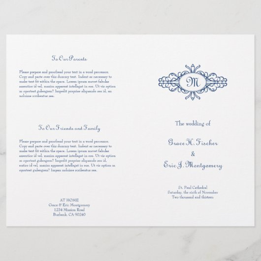 Barockrahmen Monogramm blaues Hochzeitsprogramm (Vorderseite)