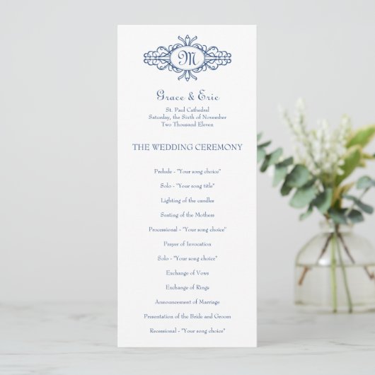 Barockrahmen Monogramm blaues Hochzeitsprogramm Programm (Stehend Vorderseite)