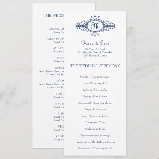 Barockrahmen Monogramm blaues Hochzeitsprogramm Programm (Vorne/Hinten)