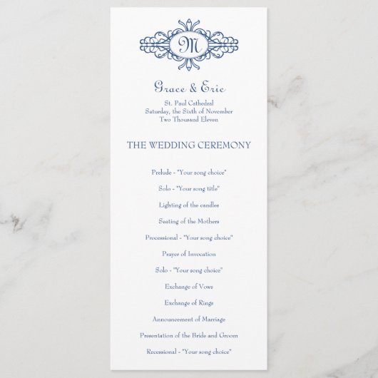Barockrahmen-Monogramm navyblaue Hochzeitsprogramm Programm (Vorderseite)