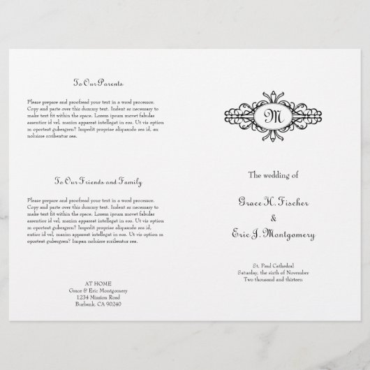 Barockrahmen Single Monogramm Hochzeitsprogramm (Vorderseite)