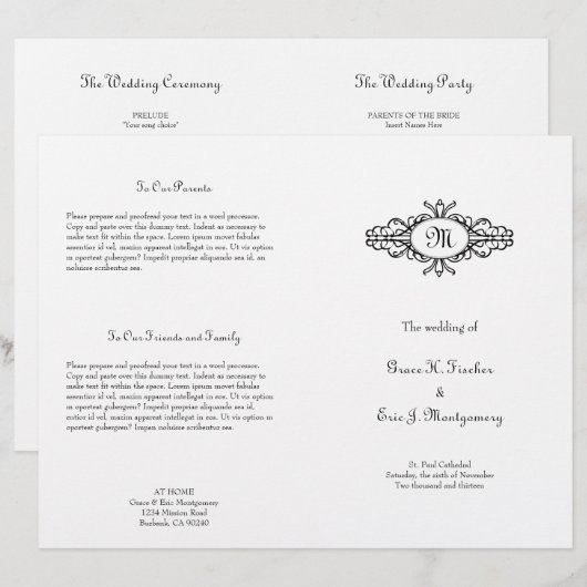 Barockrahmen Single Monogramm Hochzeitsprogramm (Vorne/Hinten)