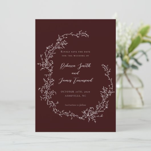 Barockschmuck Kunstmalerei Burgund Hochzeit Save The Date (Stehend Vorderseite)