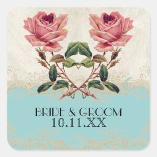 Barockstil Vintage-Rose Aqua n Cream Spitze Quadratischer Aufkleber