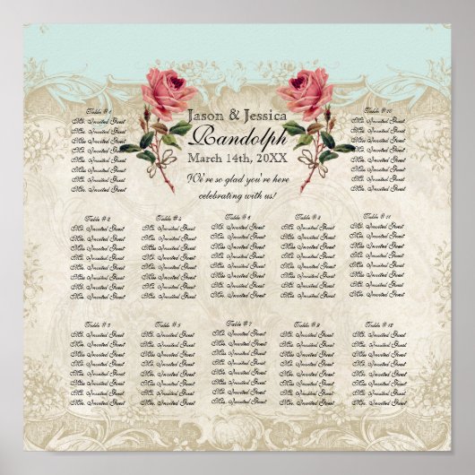 Barockstil Vintage Rose Empfang Sitzplan Poster (Vorne)