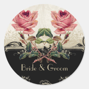 Barockstil Vintage Rose Schwarz an Creme Lace Runder Aufkleber