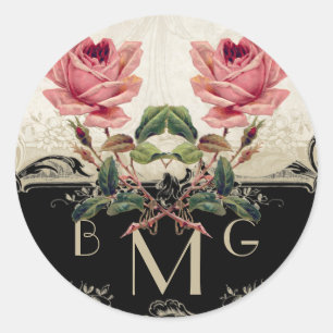 Barockstil Vintage Rose Schwarz an Creme Lace Runder Aufkleber