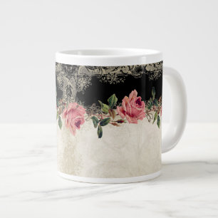 Barockstil Vintage-Rose Schwarz und Creme Spitze Jumbo-Tasse